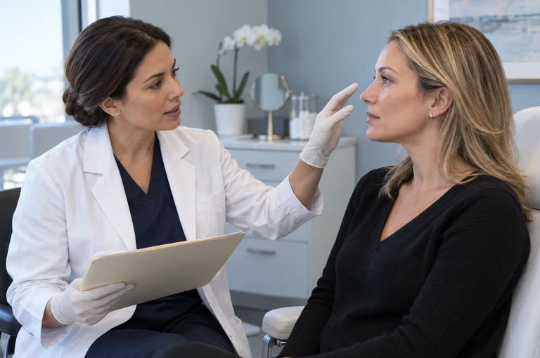 A physician discussing a facial cosmetic procedure with a patient.