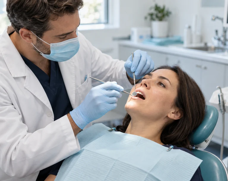 A dentist examining an adult patient in a dental chair.