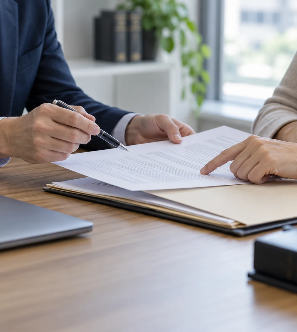 Hands reviewing documents across a consultation desk.