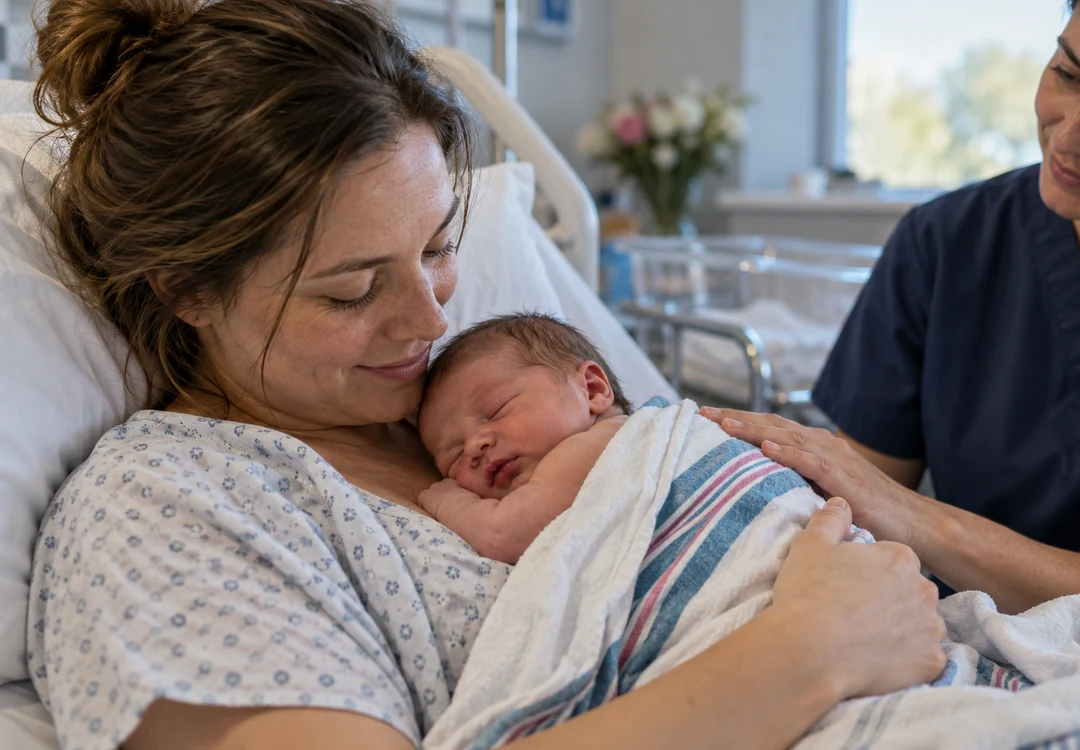 A mother holding her sleeping newborn in a maternity room.