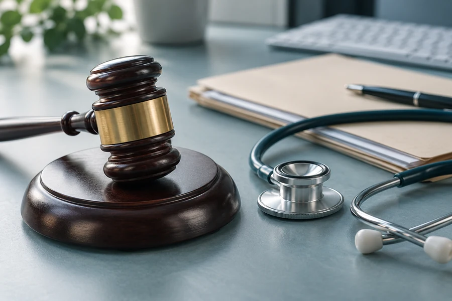 A wooden gavel, stethoscope, and medical file on a desk.