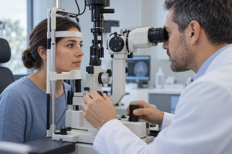 A patient undergoing a slit-lamp examination in an eye clinic.