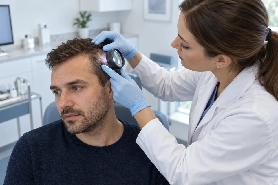 A practitioner examining a patient’s hairline during a consultation.