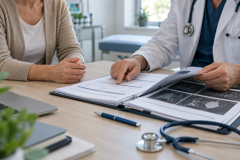 A patient and physician reviewing an organized medical folder.