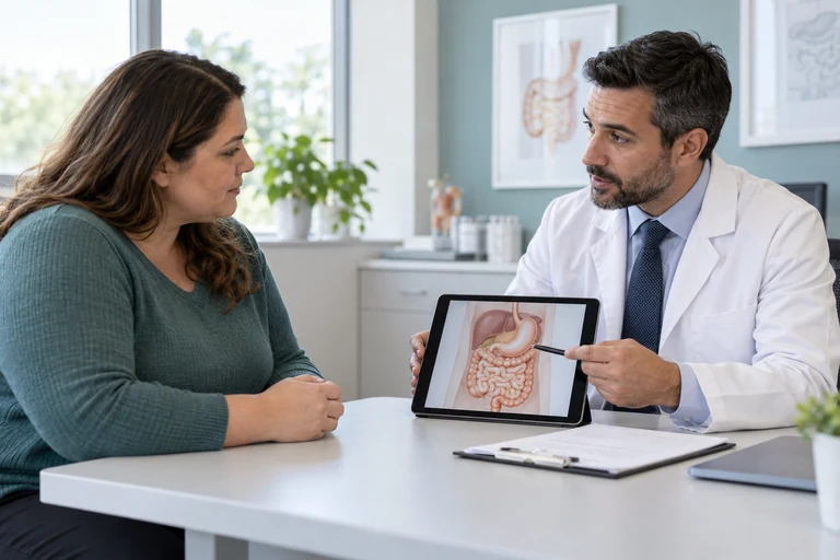 A patient and physician discussing an abdominal diagram on a tablet.